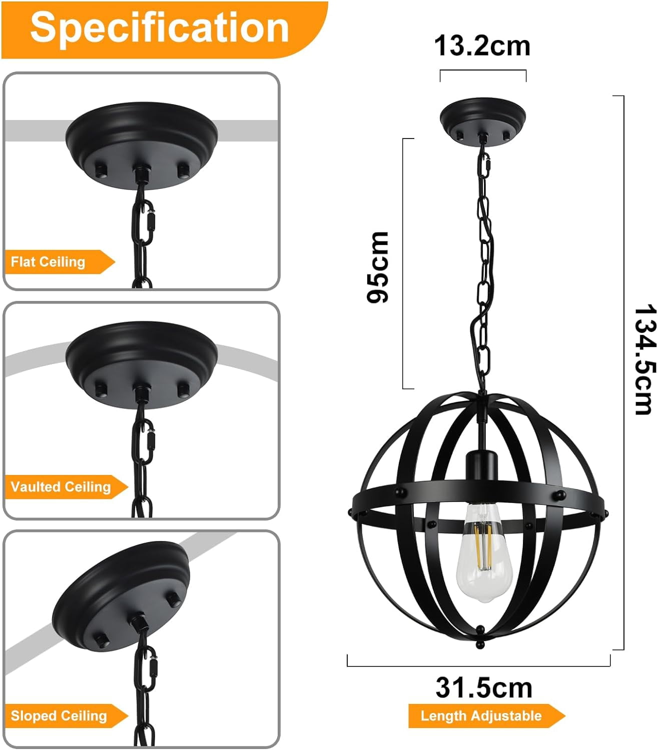 DingLiLighting Vintage Globe Pendant Hanging Light, Flush Mount Ceiling Chandelier Lamp with Metal Spherical Shade for Living Room Dining Kitchen Island Hallway Bedroom,E26 Base Matte Black