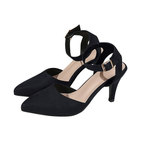 hopeusnice Clearance Women s Ankle Strap High Heels Pointed Toe Buckle Dress Shoes Suede Elegant Party Wedding Comfortable Footwear Black 42