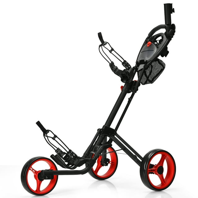 Goplus Folding 3 Wheels Golf Push Cart W/Brake Scoreboard Adjustable Handle Red