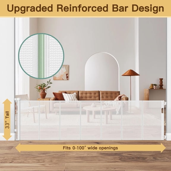 Reinforced 100 Inch Retractable  Gate for Wide Doorways -  Long Pet Safety Barrier with Anti-Climb Mesh