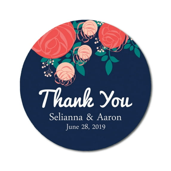 Darling Souvenir Personalized Bride Groom Names And Date Envelope Seals Round 45 Pcs Rose Floral Thank You Stickers-Navy Blue