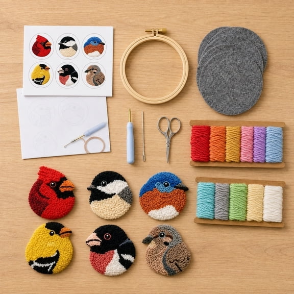 Woodland Birds Punch Needle Coaster Kit  DIY Craft Starter Set with Pre-Printed Pattern Fabric, Yarn, Hoop and Felt Backings  6-Pack Needlepoint Arts and Crafts for Beginners and Adults(A-bird)