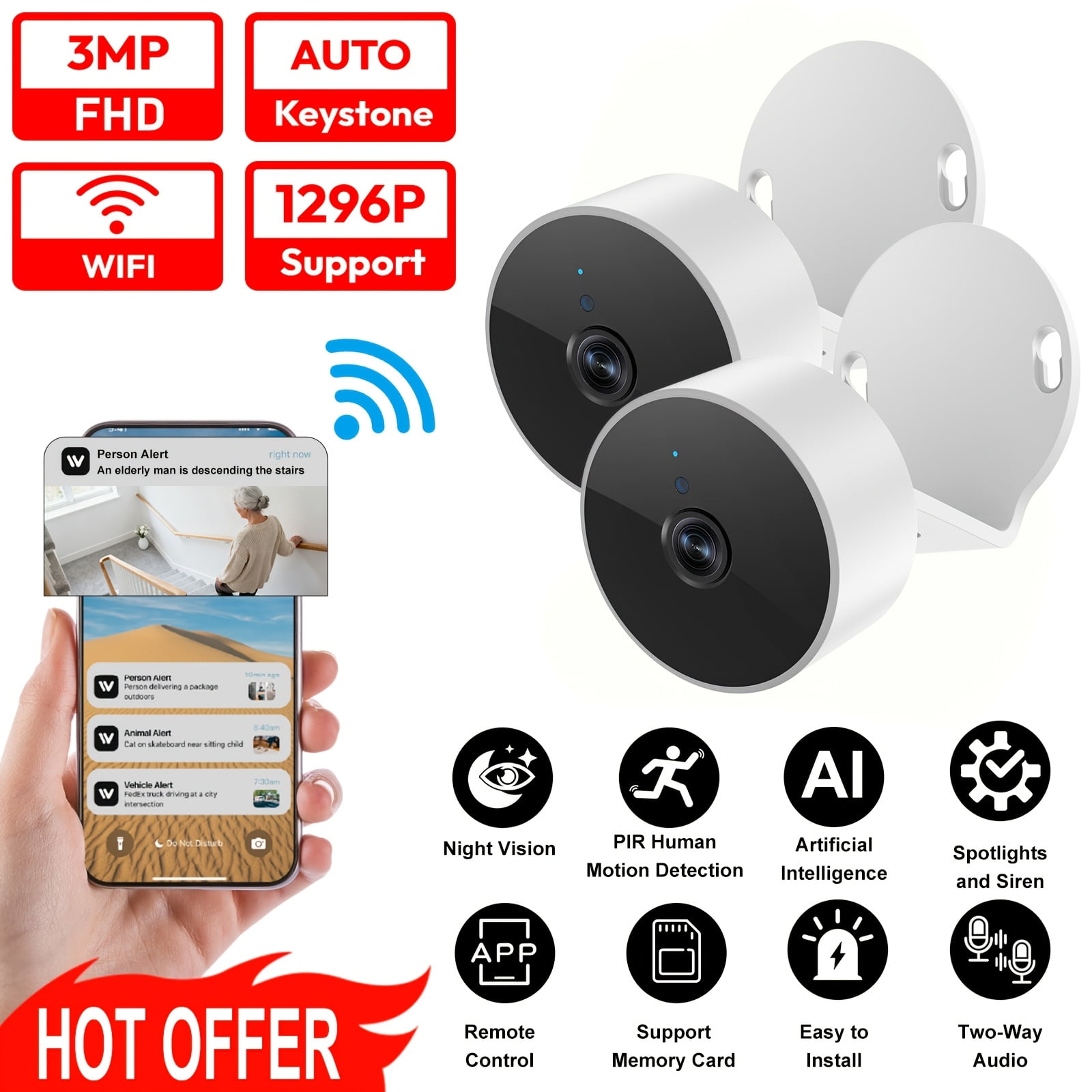 Indoor Security Camera 360° View 3MP FHD Night Vision Auto Tracking 2-Way Audio Alarm SD/Cloud Storage 24/7 Recording for Home Pet Baby Garage Surveillance