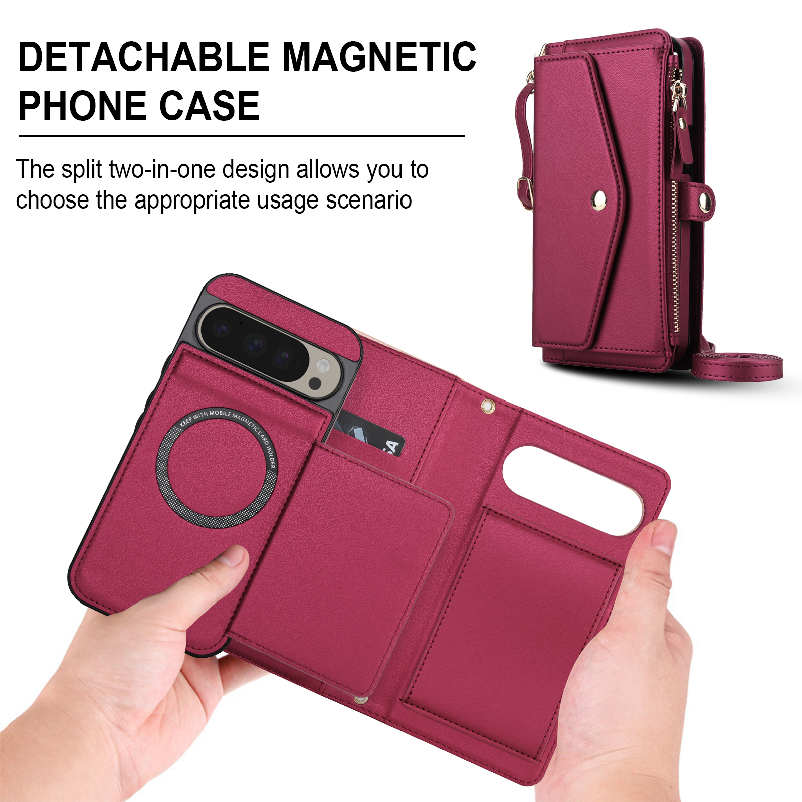 Designed for Google Pixel 9 / 9 Pro Multi-Function Wallet Phone Case,With Shoulder Strap&Wrist Strap,Cash Pocket&Card Slots,Zipper Purse,Magnetic Detachable PU Leather Flip Phone Case,Red