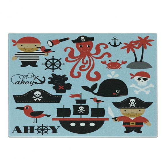 Pirate Cutting Board, Design Skull Octopus and Boy in Conceptual Dress, Decorative Tempered Glass Cutting and Serving Board, in 3 Sizes, by Ambesonne