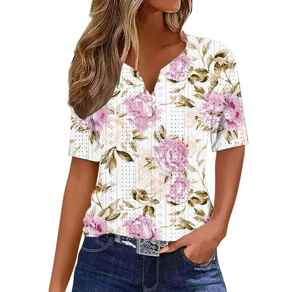 QATAINLAV Palace Lock Tops for Women 2024 Henley Button Down Shirt Trendy Floral Print V Neck Blouses Summer Casual Loose Short Sleeve Tunic Top Lightning Sales Today Pink 3XL