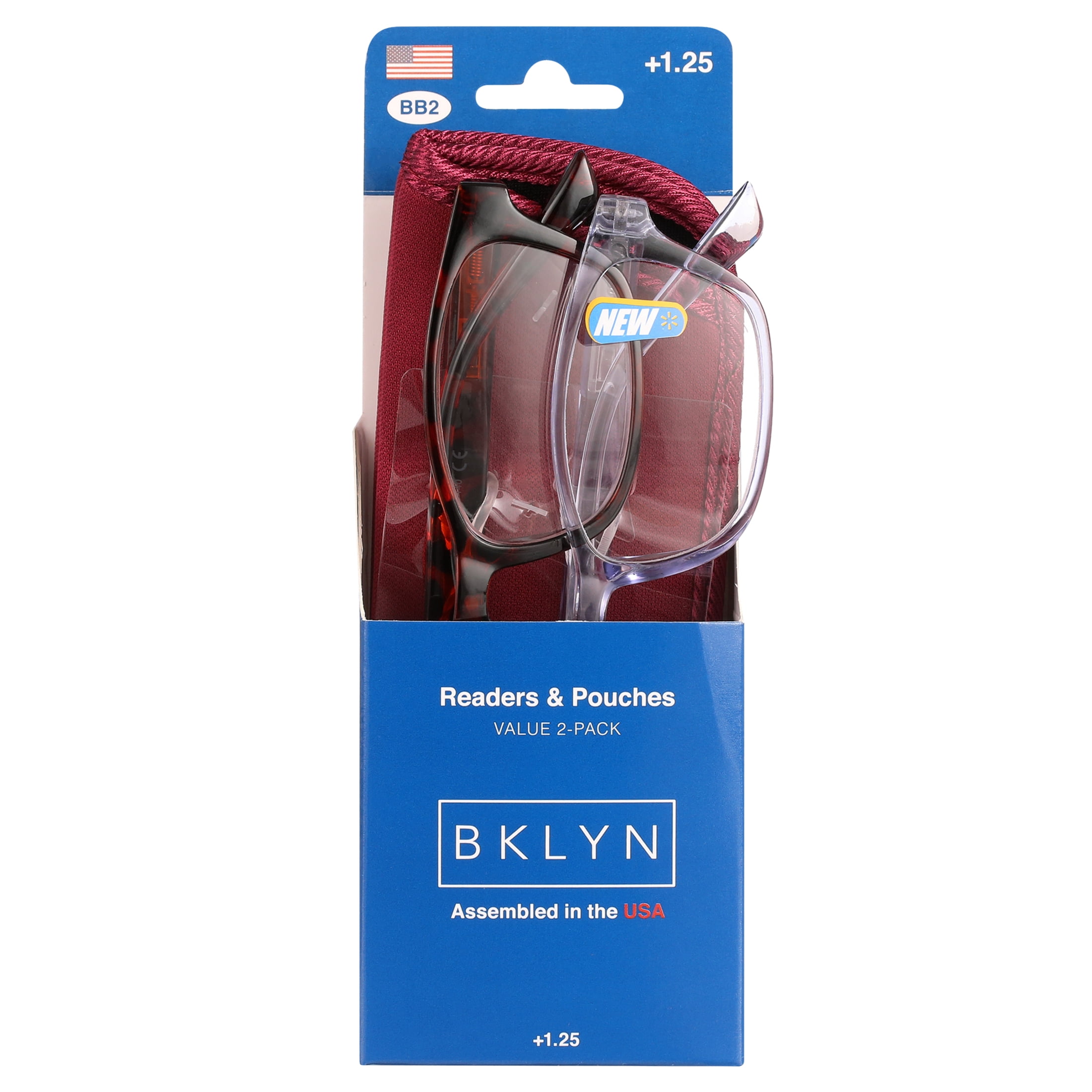 (2 pack) Bklyn, Albee +1.25, Adult, Womens, Plastic Reading Glasses & Pouches Value Pack , 2 Ea