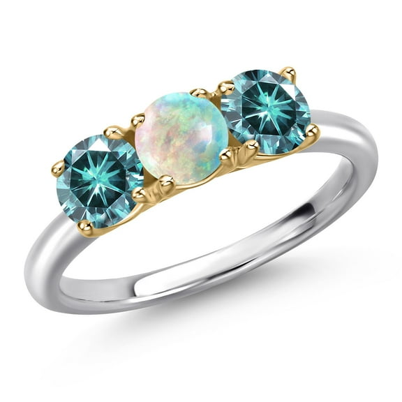 Gem Stone King 925 Silver and 10K Yellow Gold Simulated White Opal and Blue Moissanite Engagement Ring for Women | 1.50 Cttw | Round Cabochon 5MM | Gemstone October Birthstone | Size 6