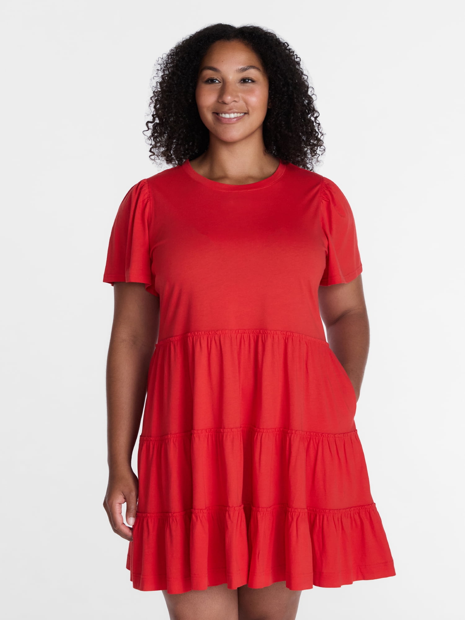 Time and Tru Women's and Women’s Plus Cotton Swing Dress with Short Sleeves, Sizes XS-4X