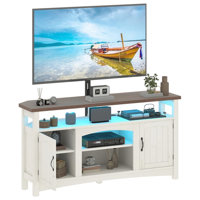 Uforic TV Stand with Mount & LED Lights, Farnhouse Entertainment Center with Power Hub for 70 Inch TV, Warm White