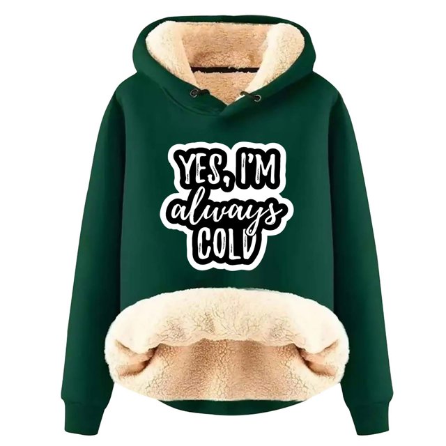 KIHOUT Spring Winter Womens Tops Winter Warm Plush Solid Color with Pocket Printed Long Sleeve Fleece Tops Hooded Sweatshirt