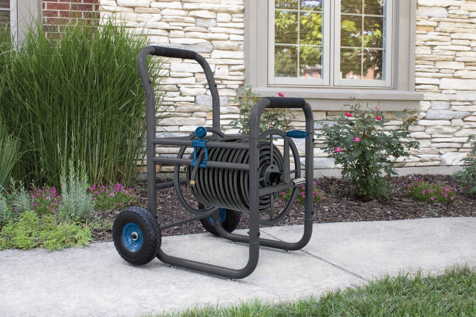 Suncast Commercial Grade Steel Outdoor Garden Hose Reel Cart, Blue/Gray