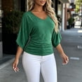 thumbnail image 4 of TEAJOPSUU Womens Summer 3/4 Sleeve Tops Casual Drop Shoulder V Neck Loose Shirts Daily Baggy Solid Polycotton Blouses Green, 4 of 5