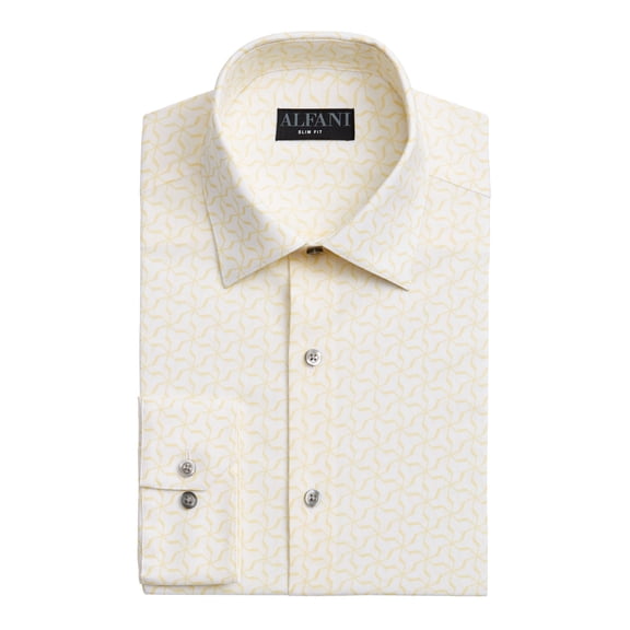 ALFANI Mens Yellow Patterned Long Sleeve Collared Slim Fit Button Down Cotton Blend Cotton Blend Shirt XL 17/17.5- 36/37