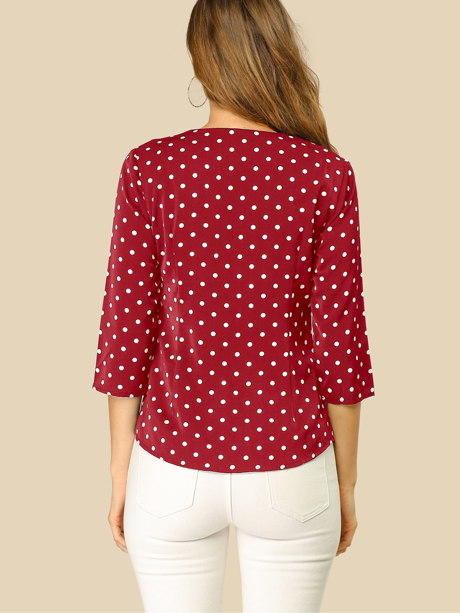 DARING DIVA Women's V Neck Polka Dots 3/4 Sleeve Casual Button Blouse XXL Red