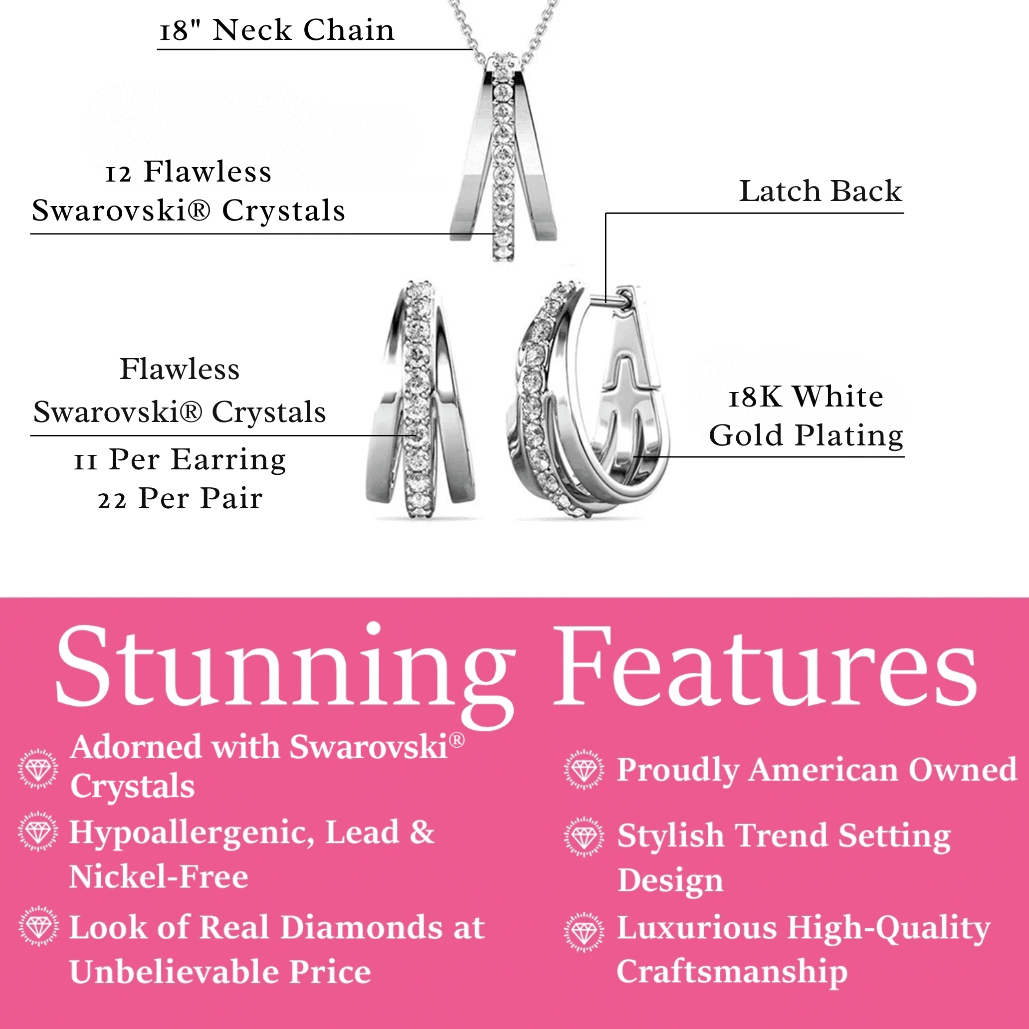 Cate & Chloe Bella 18k White Gold Plated Jewelry Set with Swarovski Crystals for Women, Gift for Her