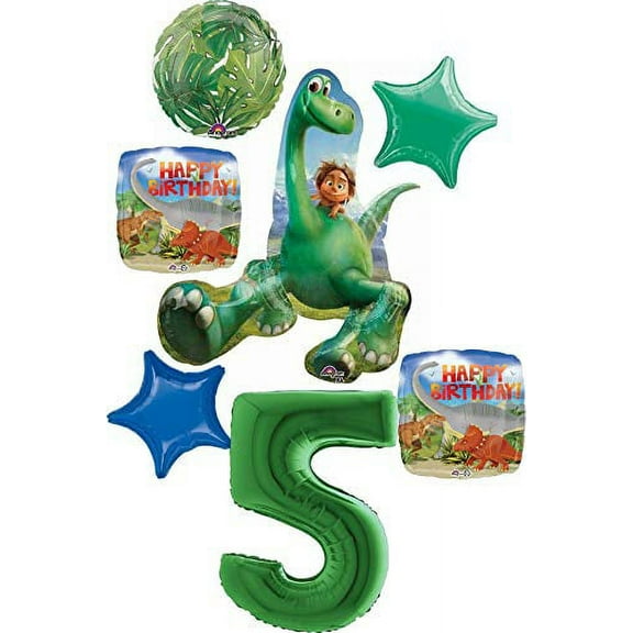 The Good Dinosaur Party Supplies 5th Birthday Arlo and Spot Balloon Bouquet Decorations - Green Number 5