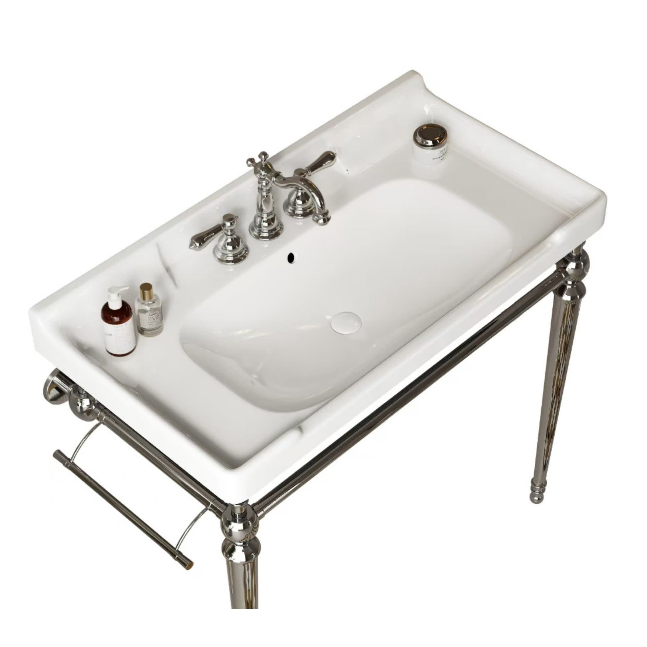 Noble House Vici 36" Bathroom Ceramic Basin Sink, 3 Faucet Holes with Wide Countertop Deck Toiletries Storage, White