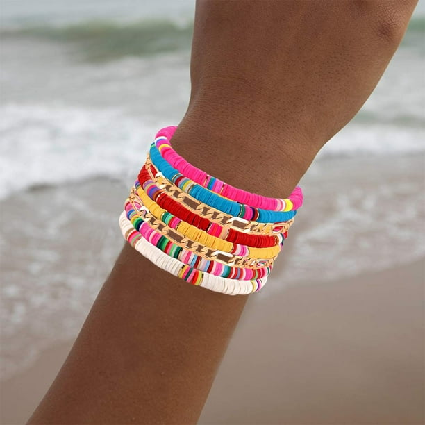 Heishi Bracelets Coloré Vinyle Disque Perle Stretch Bracelets pour Femme  Empilable lien Chaîne Bracelet Ensemble Summer Beach Surfer Bracelets pour  Filles 