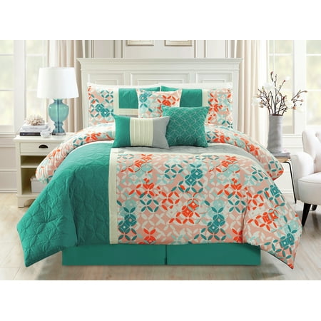 7 Pc Patchwork Floral Medallion Leaves Embossed Comforter Set Teal