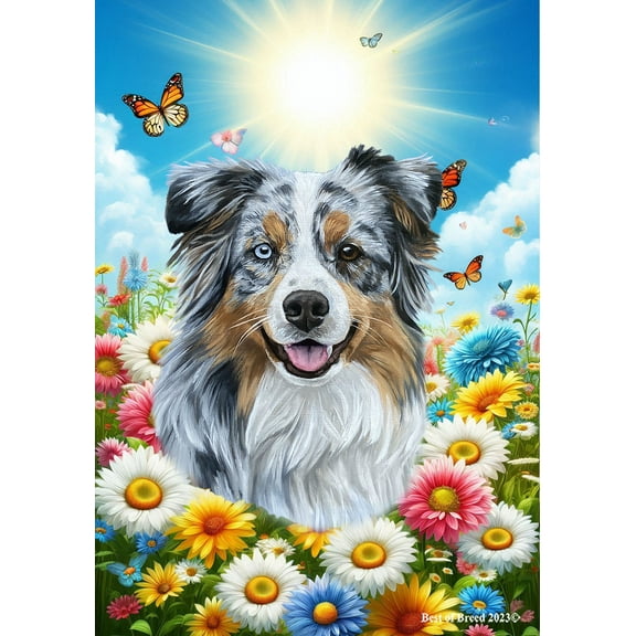 Australian Shepherd Blue Merle - Best of Breed Summer Butterflies Outdoor Garden Flag 12" x 17" Mailbox Flag Dog Flag