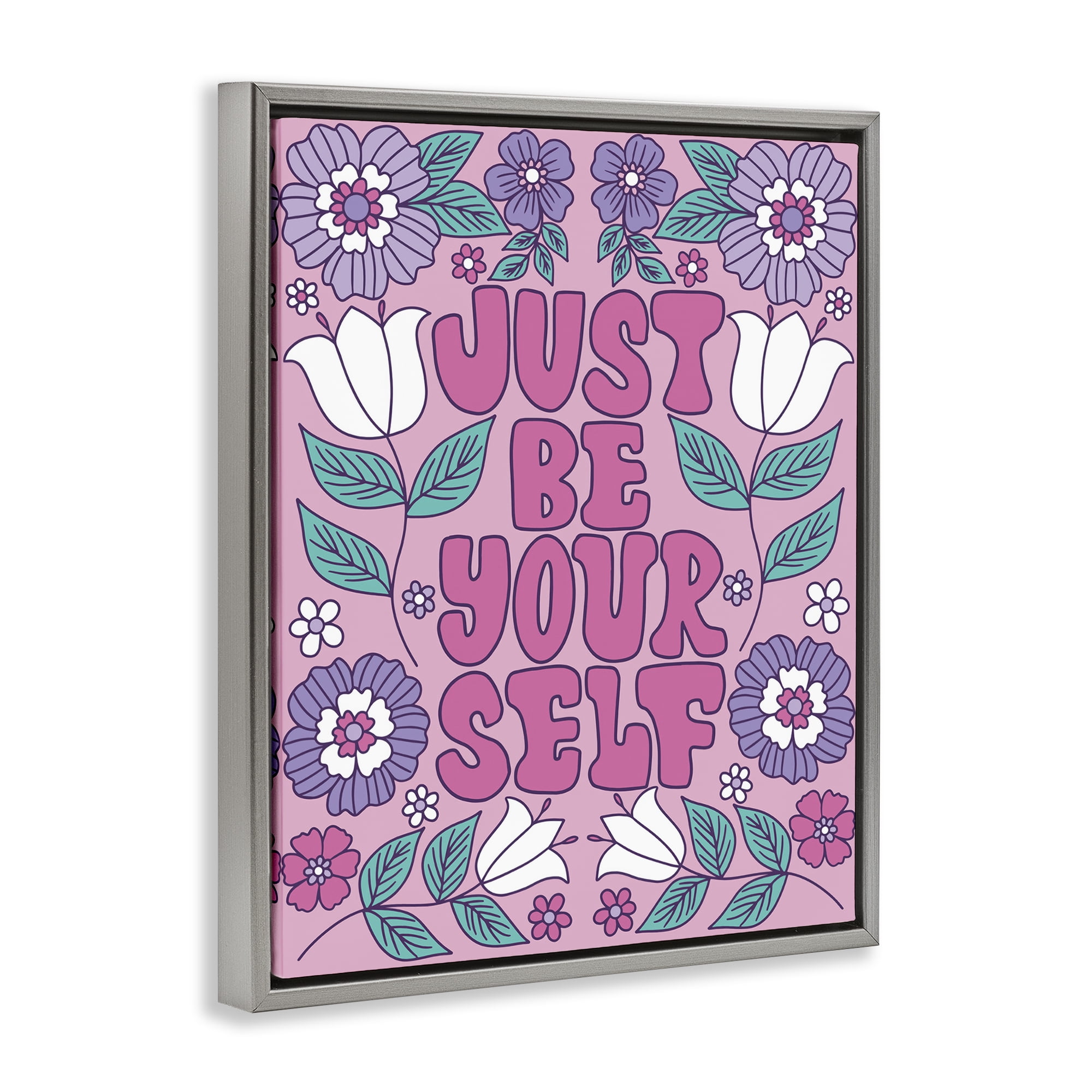 Stupell Industries Retro Floral Be Yourself Plants & Flowers Painting Gray Floater Framed Canvas Art Print Wall Art, 25 x 31