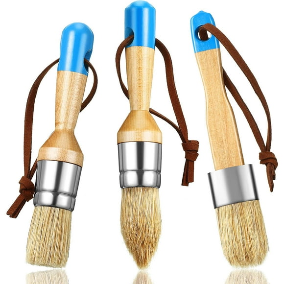 3 Pieces Chalk and Wax Paint Brushes Bristle Stencil Brushes for Wood Furniture Home Decor, Including Flat, Pointed and Round Chalked Paint Brushes (Blue)