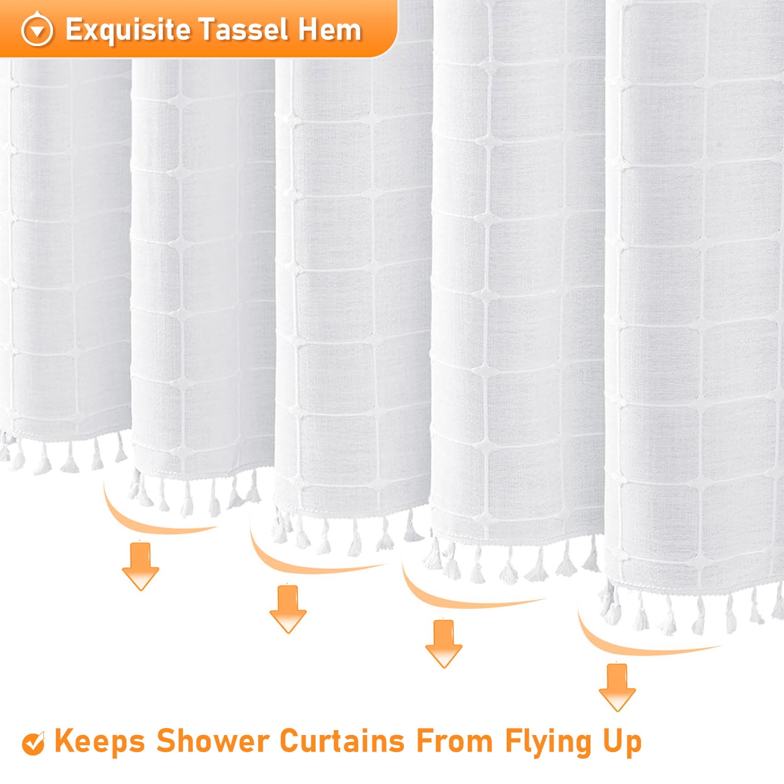 Lipa Boho Farmhouse Shower Curtain,Rustic Linen Blend Grid Shower Curtain with Tassels,Bathroom Shower Curtain with 12 Hooks,White,72" x 72"