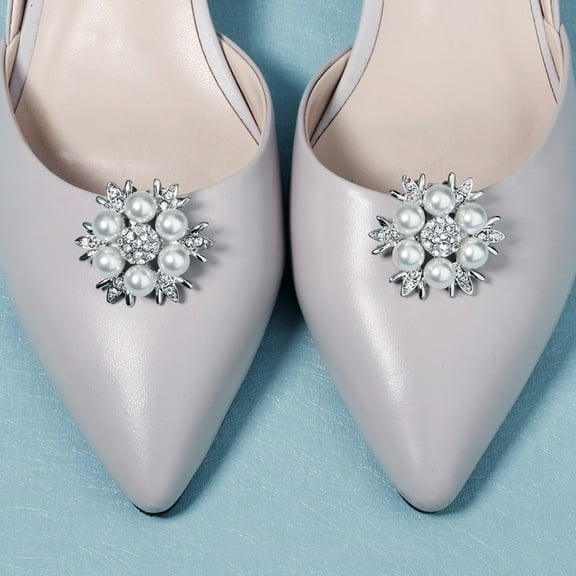 KAKOWELY 1 Pair Shoe Clips Pearl Silver Rhinestones Imitation Pearl for High Heeled Shoes 1.4x1.4in