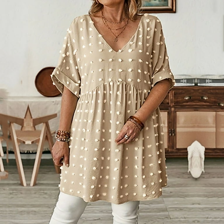 FNFYFH Holiday Dresses for Women Short Sleeve V Neck Mini Dress Cute Swiss  Dot Patchwork Dress - Walmart.com