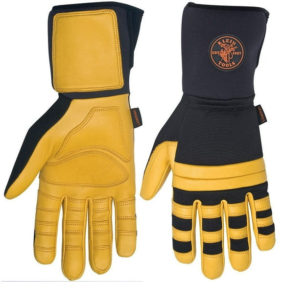 Klein Tools 40084 Soft Grain Leather Lineman Work Gloves with Padded Knuckles - Black/ Yellow, X-Large