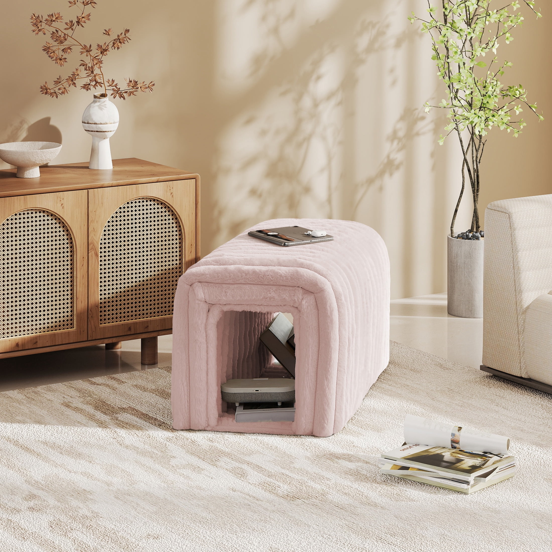 AENKYO Storage Ottoman Bench with Cat Hideaway, Plush Upholstered Footrest Seat with Hidden Compartment, Pink