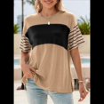 thumbnail image 4 of Blusas de Verano para Mujer, de Gran Tamaño, con Cuello Redondo, Informales, A Rayas y Bloques de Color, Color Caqui, Talla XL, 4 of 9