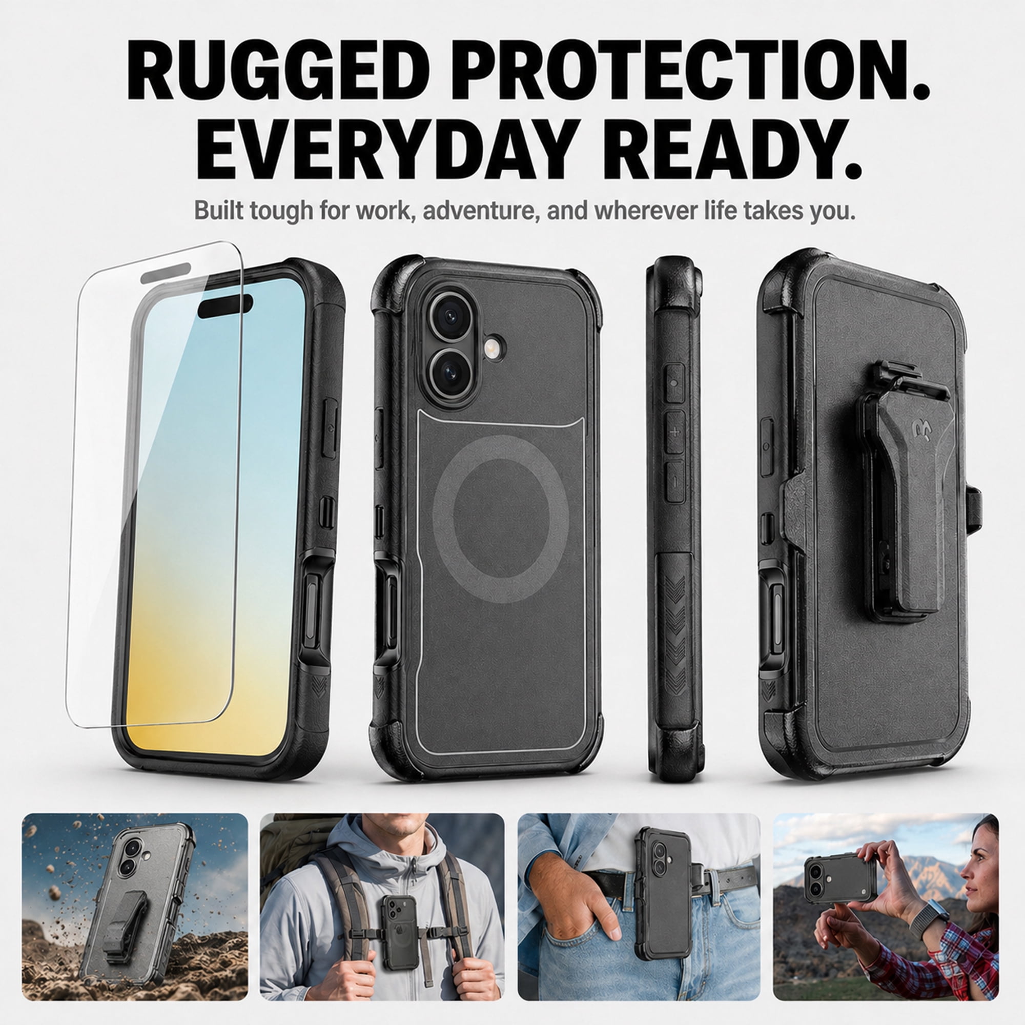 Hybrid Rugged Case with Detachable Belt Clip Holster and Tempered Glass Screen Protector, Magnetic Charging-Compatible, Black, Compatible with iPhone 16
