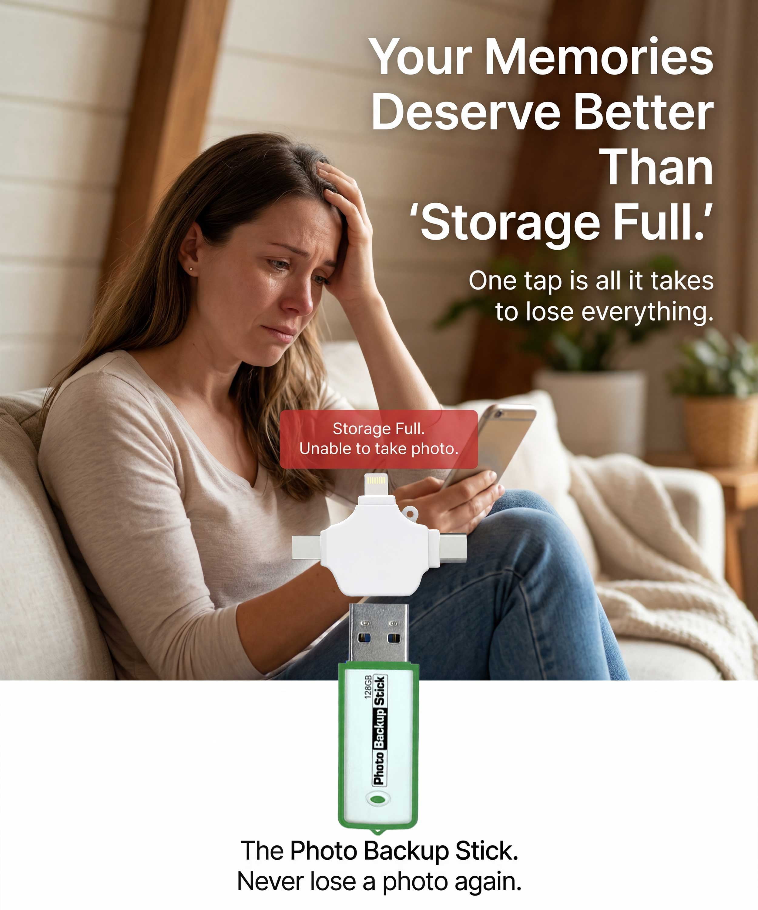 Photo Backup Stick Omega Universal Picture and Video Backup for Any Device - iPhone, Android, Computer, Tablets (128GB)