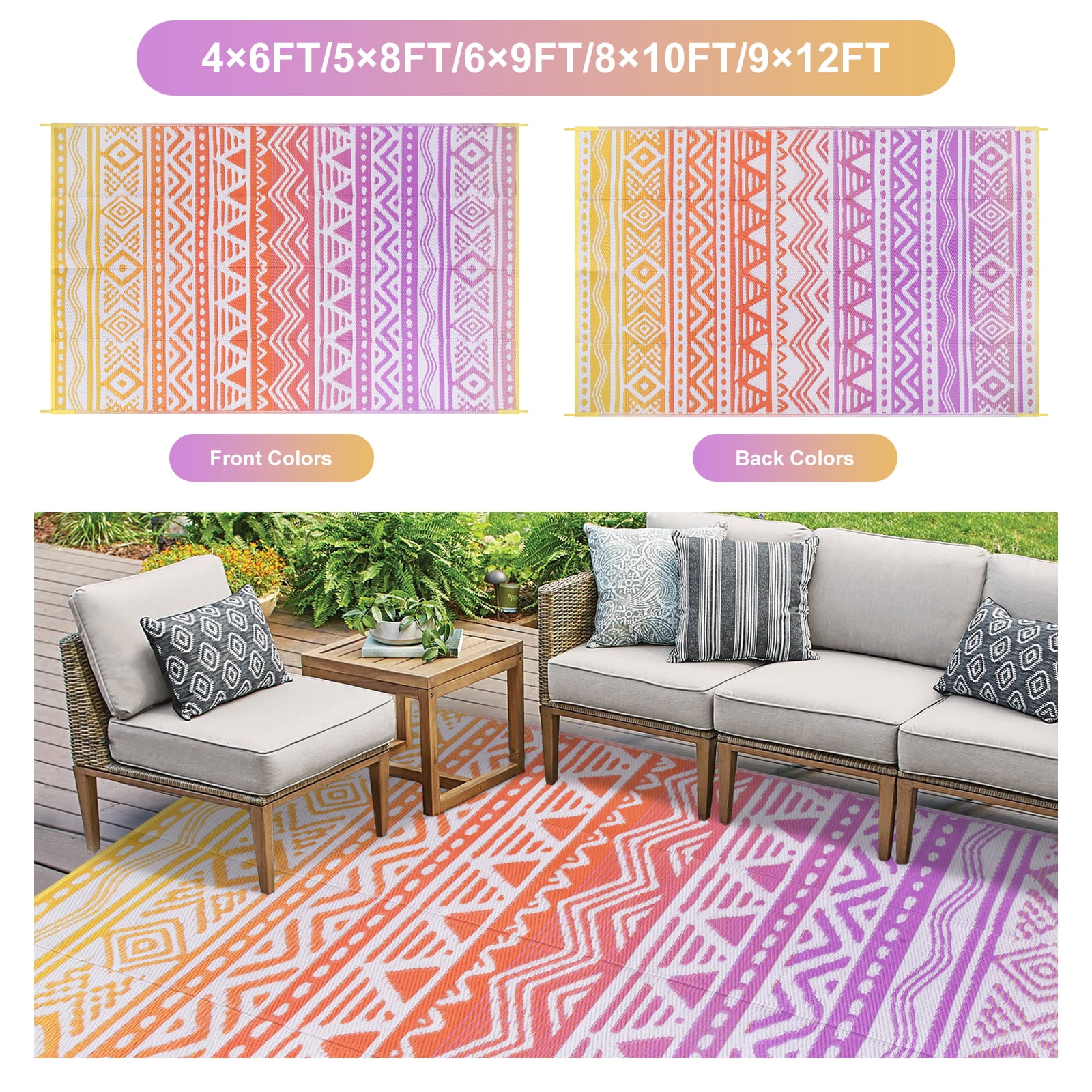 Moynesa Large Outdoor Rug Waterproof, 8'x10' Lightweight Plastic Straw Rug for Camping RV, Reversible Outside Carpet for Patio Deck Porch Balcony Picnic Tent, Orange/Purple