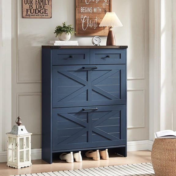 Shoe Storage Cabinet, Farmhouse Shoe Organizer with 2 Hidden Flip Drawers & 2 Drawers, Narrow Freestanding Shoe Rack Cabinet with Adjustable Shelves for Entryway Hallway,Blue