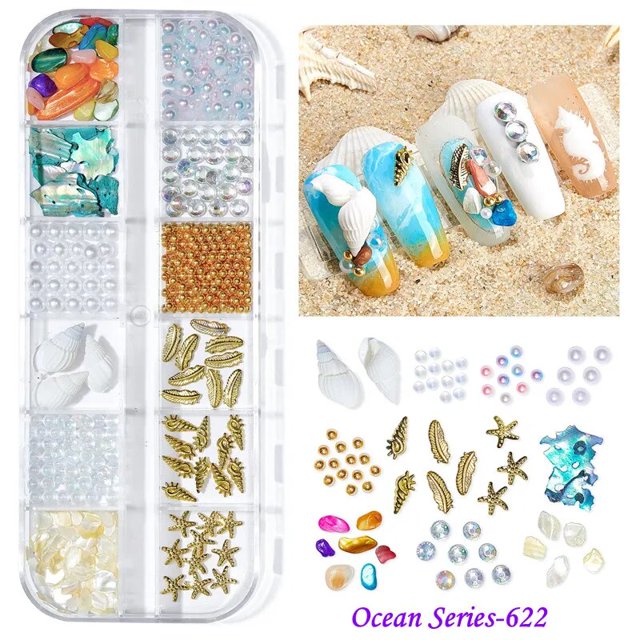 Accesorios para uñas de la serie Summer Ocean, Concha Natural, rebanada de abulón, estrella de mar, remache de Metal, perla, piedra pequeña, decoración de uñas