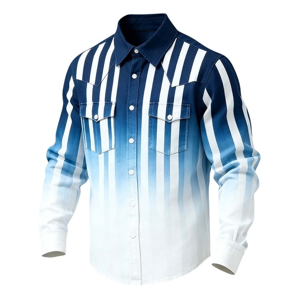 LEKWK Mens Ombre Western Shirt Gradient Striped Long Sleeve Snap Button Top Cowboy Rodeo Style Slim Fit Casual Party Blouse