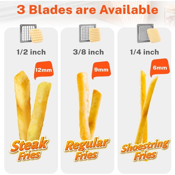 French Fry Cutter for Potatoes with 3 Replaceable Blades, Stainless Steel Vegetable Chopper for Home & Commercial Use