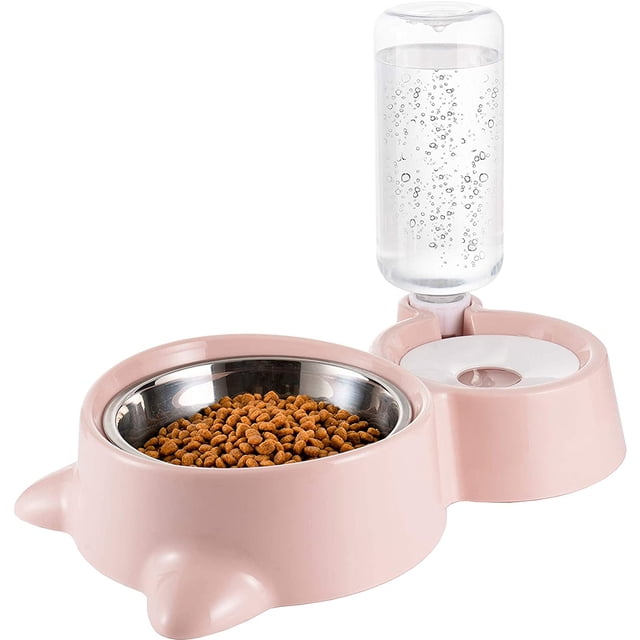 Cuencos dobles para perros y gatos, juego de cuencos para agua y comida con cuenco de acero inoxidable desmontable, botella dispensadora de agua automática, comedero para mascotas para perros y gatos