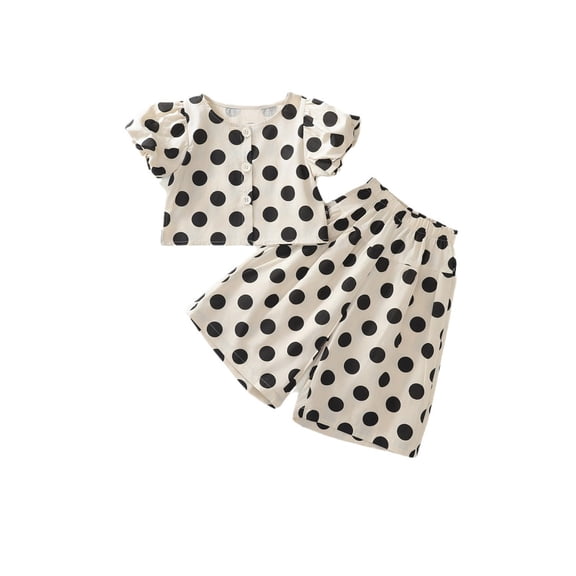 CUZIBR Girls Toddler Summer Outfits Sets Short Sleeve Crewneck Button Down Polka Dot Print Crop Top Shirt And Straight Leg Pants Casual Comfortable Two Piece Set Trendy Clothes,Beige,3-4 Years