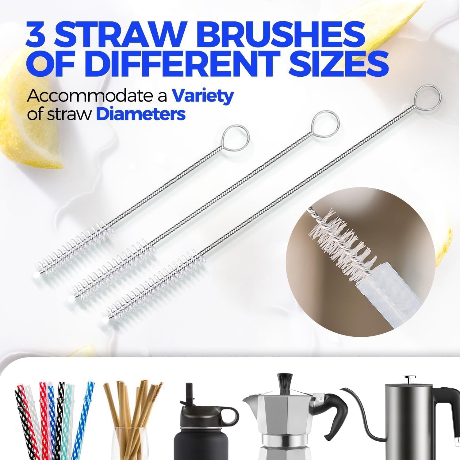 5 Pack Bottle Brush Cleaner Set, 14" Long Handle Stainless Steel Bottle Cleaner Brush, 3 Straw Brushes, Bottle Cleaning Brush for Water Bottle, Cups, Baby Bottle, Straws Blue