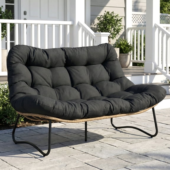 RADIATA Outdoor Wicker Loveseat with 5.5" Tufted Cushion, Oversized 2-Person Patio Lounge Seat, Steel Frame, Adjustable Feet,Gray