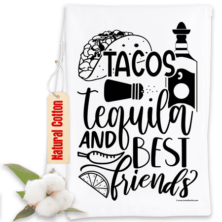 

Funny Kitchen Tea Towels - Tacos Tequila and Best Friends - Humorous Flour Sack Dish Towel - Great Housewarming Gift and Kitchen Décor