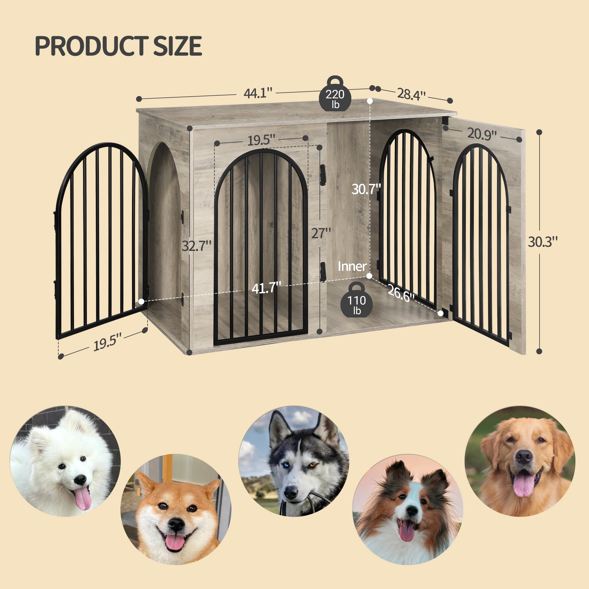 44.1" Dog Crate Furniture, 3 Door Wooden Dog Crate Furniture for Small/Medium/Large Dog,Greige Black