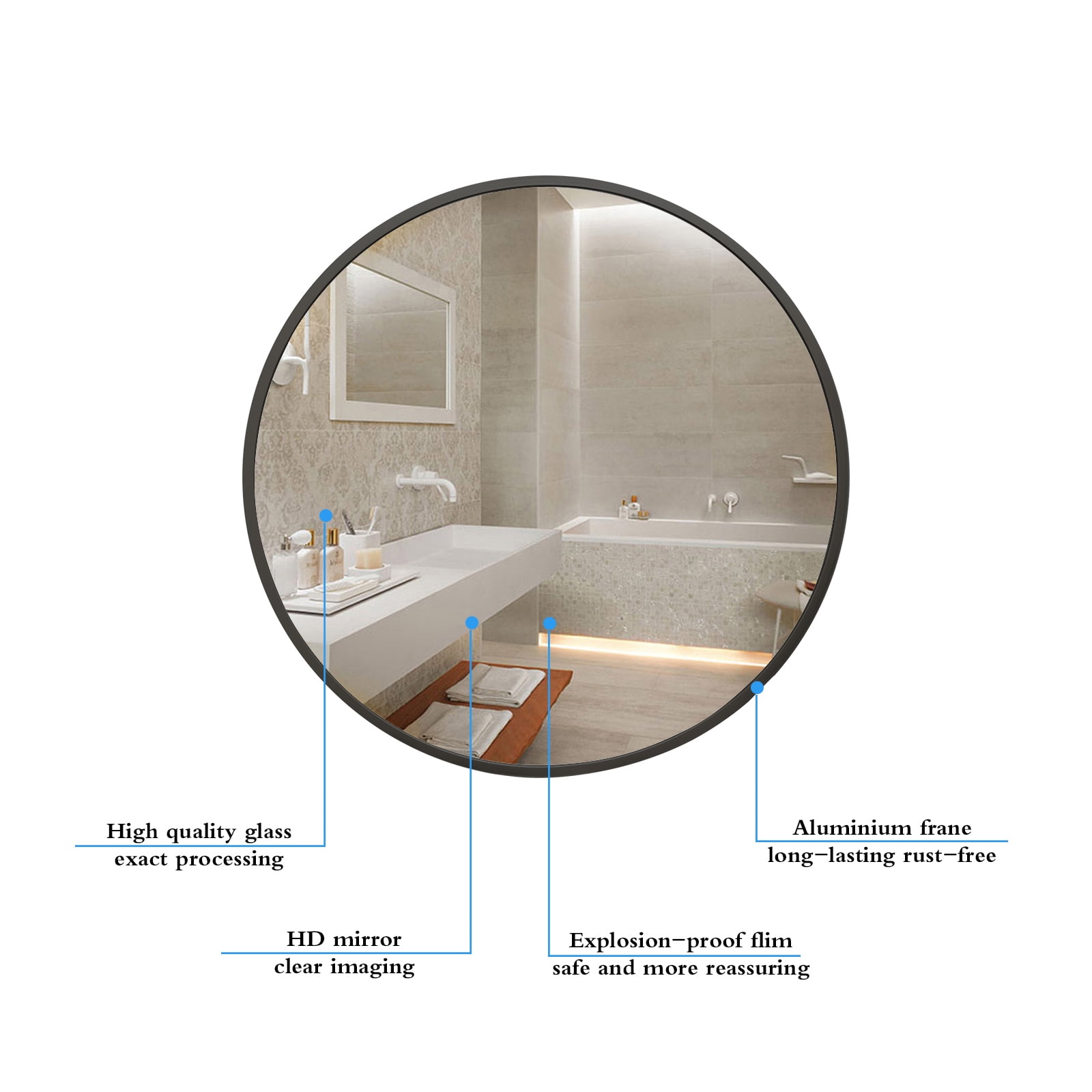 BEAUTYPEAK 24" Bathroom Mirror Wall Mirror Classic Round Mirror Hanging Leaning, Black