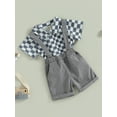thumbnail image 3 of xiaxaixu Vêtements d'Été pour Garçons, Imprimé à Damier, Chemises à Manches Courtes à Col Rabattu, Hauts, Bretelles, Shorts, Ensemble 2 Pcs, 3 of 8