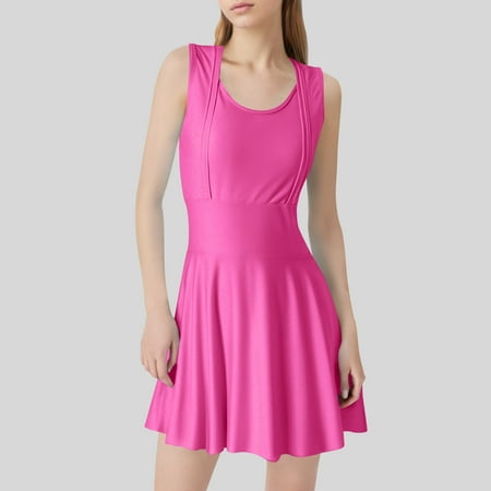 Sevevn Women s Solid Color Dress Style Conservative Waist Slimming Sexy Swimwear for Summer Holiday Hot Pink M Holiday Deals