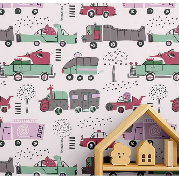 S4Sassy Peel & Stick Vinyl Wallpaper, Vehicle Print Wallpaper Contact Paper Waterproof - Pink, 25"X 120", Removable Walls Covering For Kids Room Wall Decor, Baby Room, Playroom